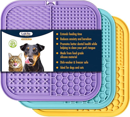 LUKITO 3PCS Licking Mat for Dogs & Cats with Suction Cups, Dog Peanut Butter Lick Pads for Anxiety Relief & Boredom Reducer, Slow Feeder Dog Bowls, Perfect for Bathing, Grooming and Training