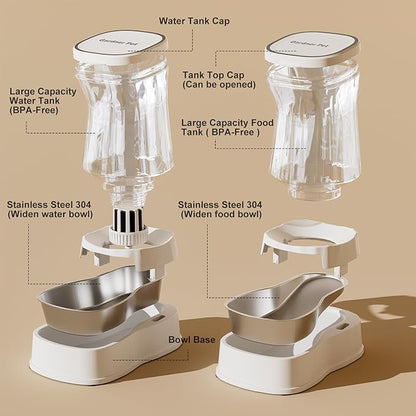 Automatic Pets Gravity Feeder and Water Dispenser Set, 1Gallon x 2 Stainless Steel Food Feeder and Waterer, 100% BPA-Free Water Bowl Dispenser for Small&Medium Dogs, Cats, Puppies(White)