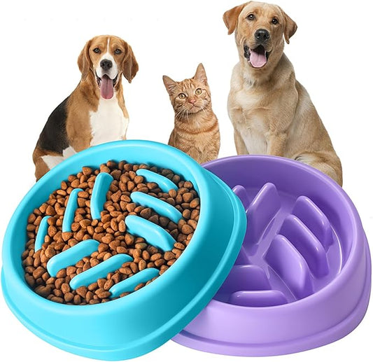 Slow Feeder Dog Bowls 2 Pack, Anti-Slip Slow Eating Dog Bowl, Maze Dog Food Bowl, Anti-Choking Puzzle Feeder Dog Bowl, Slow Feeder Bowl for Dogs & Cats, All Breeds Pets (Blue&Purple)