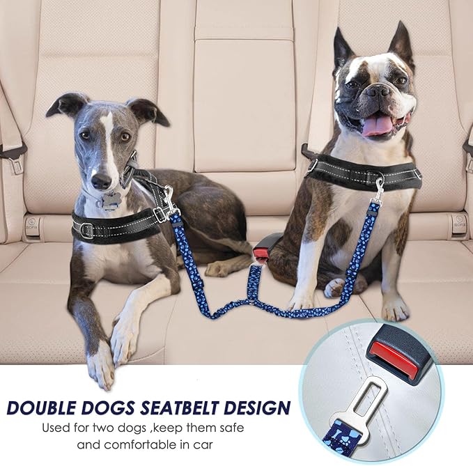 SlowTon Dog Seat Belt, Double Dog Seatbelt Adjustable Vehicle Safety Leash with Elastic Bungee Buffer, Reflective No Tangle Y Shape Two Dog Harness Seat Belt Splitter for Pets Car Trip (Blue Paws, M)