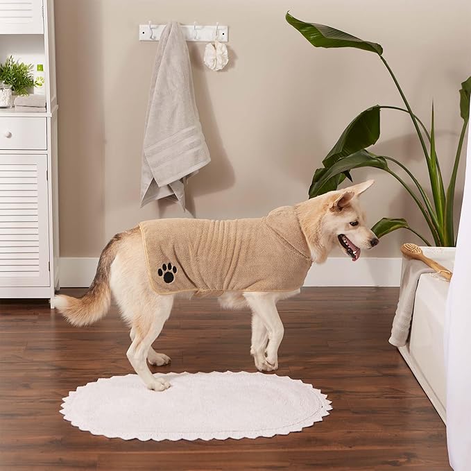 Bone Dry Pet Robe Collection Embroidered Absorbent Microfiber Bath Robe with Adjustable Closure, for Dogs & Cats, Large, Taupe