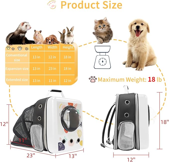 Travel Cat Carrier Backpack with Bubble -FX10, Pet Backpack Carriers for Cats and Dogs, Expandable Cat Backpack with Bubble, Airline Approved Pet Carrier,White Color