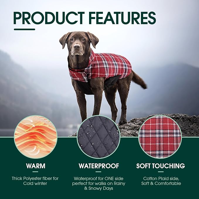 Kuoser Cozy Waterproof Windproof Reversible British Style Plaid Dog Vest Winter Coat Warm Dog Apparel for Cold Weather Dog Jacket for Small Medium Large Dogs with Furry Collar (XS 3XL),Red M