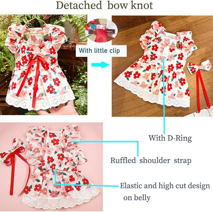 ANIAC Floral Dog Dress with D-Ring Dog Dresses for Small Dogs Girl Bow Cat Dress for Cat only Dog Outfit Summer Puppy Clothes for Chihuahua Yorkie Dachshund Pomeranian (Small