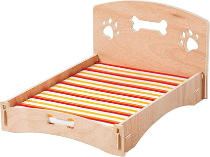 Etna Products Wooden Dog Bed Bone and Footprint Design with Removable Stripe Cushion 22" L 16" W 12" H