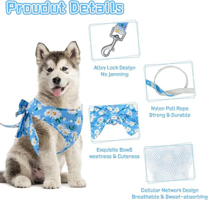 Dog Harness Vest Set for Small Girl Dogs with D-Ring Soft Comfortable Mesh Dog Harness Vest Pet Daisy Floral Bow Tie for Small Medium Large Dogs (Blue, XS)