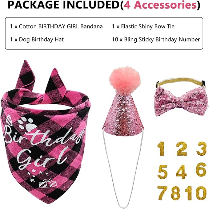 Dog Birthday Party Supplies, LMSHOWOWO Reusable Dog Birthday Bandana Set, Blingbling Dog Birthday Hat Bow Tie Numbers for Medium Large Dogs Pets Birthday Decorations (Pink, Large)