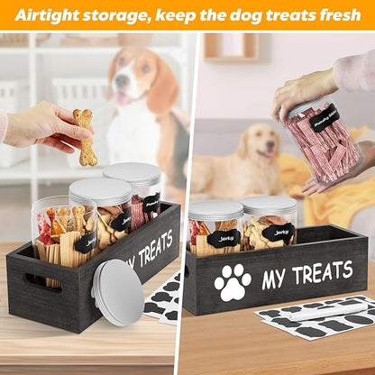 Dog Treat Jar for Countertop - Dog Treat Container with 3 Jars - Pet Food Organizer For Puppy - Airtight Grey Wooden Dog Treat Storage With Lids - Great Gift for Pet Dog Owners