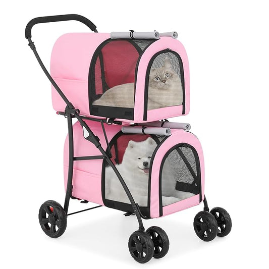 MoNiBloom Double Dog Stroller with Detachable Carrier Bags Large 4 Wheels Foldable Jogger for Small and Medium Dog Cats, Pink/Gray