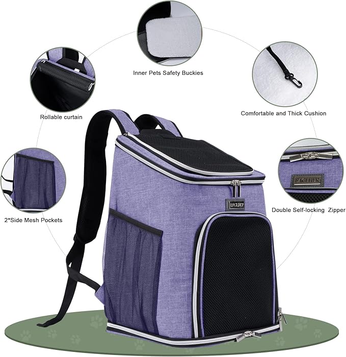 BAGLHER Cat Backpack Carrier, Mesh Pet Cat Carrier for Medium Small Dog Cat Puppy Kitten Bunny up to 18lbs, Dog Travel Backpack for Picnic Hiking Walking Cycling, Purple