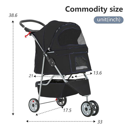 FDW Pet Stroller Foldable Dog Stroller 3-Wheel Durable Cat Jogger Stroller for Small and Medium Dogs Cats with Washable Liner Storage Basket Cup Holder