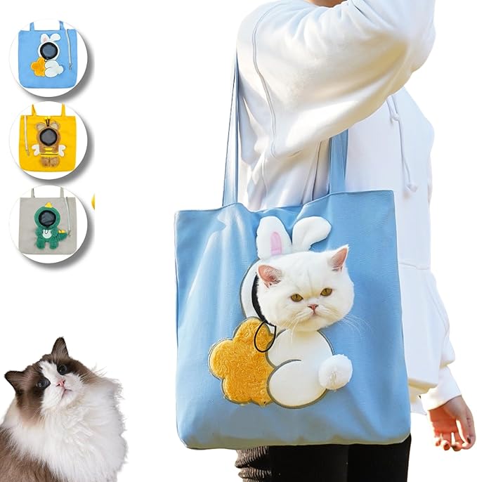 Cat Out Bag, Cute Cozy Cartoon Hands Free Show Head Cat Sling Carrier, Cat Restrainer Shoulder Bag for Outdoor Travel (Bunny, Large)