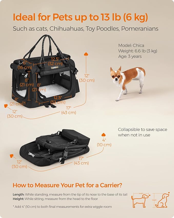 Feandrea Airline Approved Small Dog Carrier, Collapsible Pet Travel Carrier, Size S, with Metal Frame, Leash, Pocket, for Cats and Small Dogs up to 13 lb, 17 x 12 x 12 Inches, Classic Black UPDC004B01