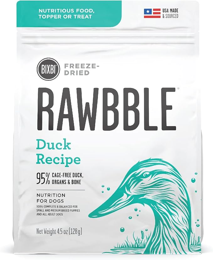 BIXBI Rawbble Freeze Dried Dog Food, Duck Recipe, 4.5 oz - 95% Meat and Organs, No Fillers - Pantry-Friendly Raw Dog Food for Meal, Treat or Food Topper - USA Made in Small Batches