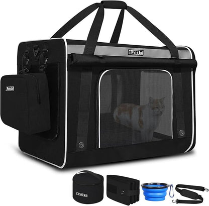 Petskd Extra Large Cat Carrier for 55LBS Pet Car Travel with Litter Box, 24"x17"x17" Soft Large Cats or Medium Dog Carrier with 5 Breathable Mesh Windows and Locking Zippers for Long Distance(Black)