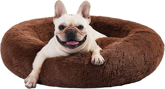 30" Calming Dog Bed with Removable Cover,Anti Anxiety Donut Dog Bed,Plush Round Pet Beds for Medium Dogs,Fluffy Faux Fur Dog Bed,Washable Cuddler Dog Bed(Brown,Medium)