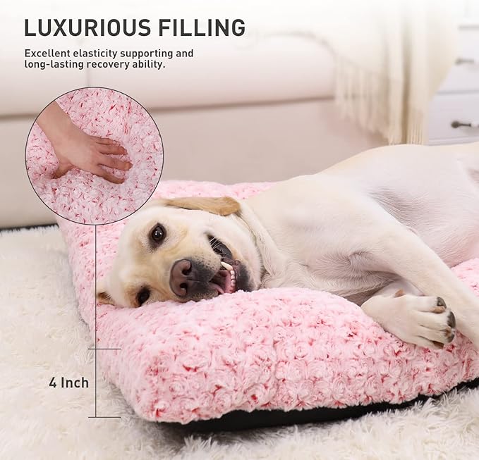 KSIIA Washable Dog Bed Deluxe Plush Dog Crate Beds Fulffy Comfy Kennel Pad Anti-Slip Pet Sleeping Mat for Large 41" x 27", Pink