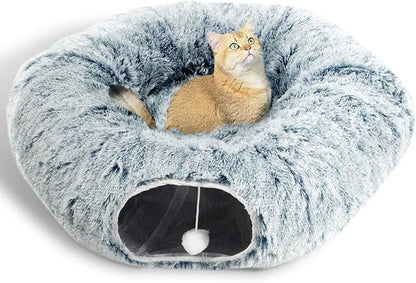 AUOON Cat Tunnel Bed with Central Mat,Big Tube Playground Toys,Soft Plush Material,Full Moon Shape for Kitten,Cat,Puppy,Rabbit,Ferret (Gray)