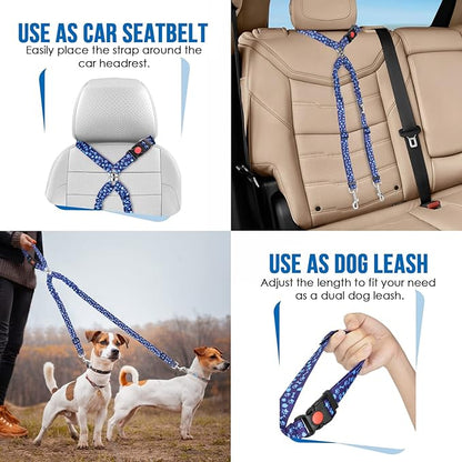 Lukovee Double Dog Seat Belt, New Dual Pet Car Headrest Restraint Safety Seatbelt No Tangle Dog Leash Duty Adjust Elastic Bungee Puppy Lead Splitter Connect Harness in Vehicle Travel for 2 Dogs (BL)