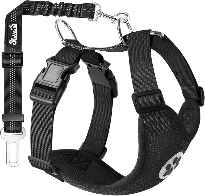 SlowTon Dog Seat Belt Harness for Car, Dog Car Harness Adjustable Mesh Breathable & Dog Seatbelt Safety Tether with Elastic Bungee for Small Medium Large Pets(Black, Single Clip, S)