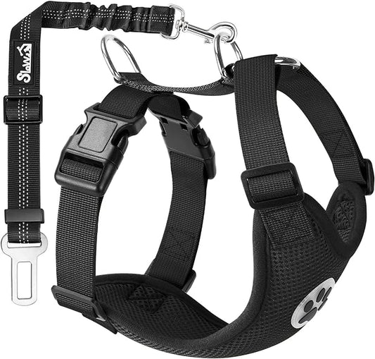 SlowTon Dog Seat Belt Harness for Car, Dog Car Harness Adjustable Mesh Breathable & Dog Seatbelt Safety Tether with Elastic Bungee for Small Medium Large Pets(Black, Single Clip, M)