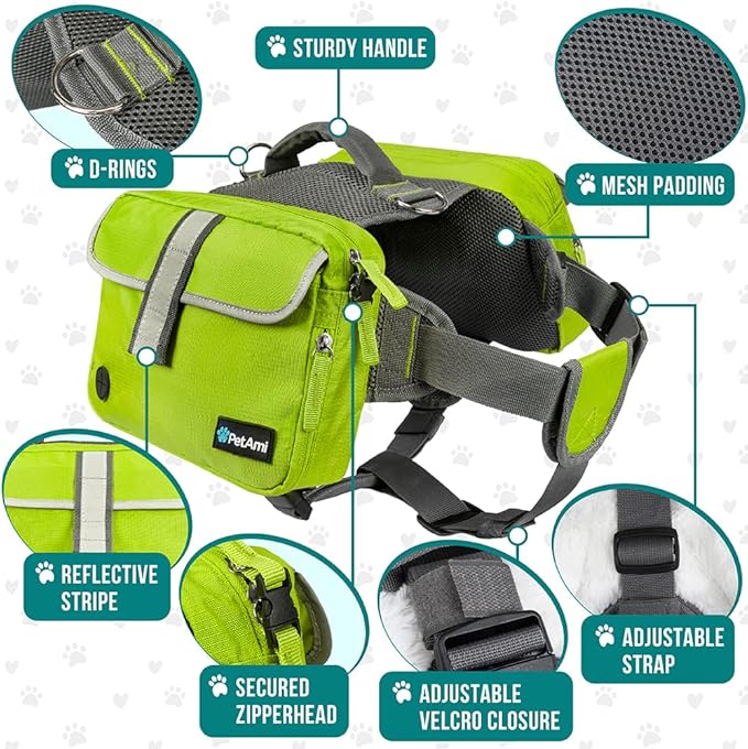 PetAmi Dog Backpack for Medium Large Dogs, Dog Saddle Bag for Dogs to Wear, Harness Saddlebag with Reflective Safety Side Pockets for Hiking, Camping, Vest Dog Pack for Travel (Green, Medium)