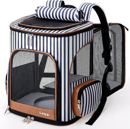 Lekereise Pet Carrier Backpack Expandable Cat Backpack for Small Dogs Cats, Dog Backpack Bag with Breathable Mesh and Inner Safety Leash, Striped