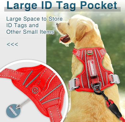 BARKBAY Dog Harness No Pull with ID Tag Pocket - Heavy Duty, Reflective, Easy Control for Large Dogs (Red,L)