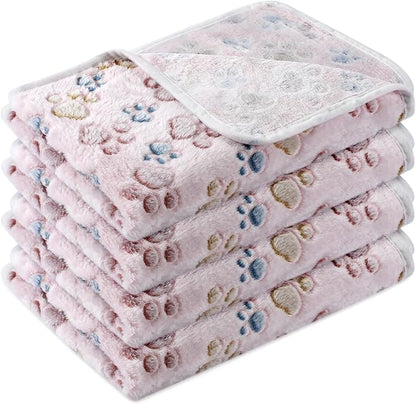 4 Pcs Pet Blanket Dog Puppy Blanket Paw Print Fleece Blanket for Small Medium Pet Dog Cat Warm Soft Sleep Mat Guinea Pig Cage Liners Blanket (Beige Medium(30 x 20.5 Inch))