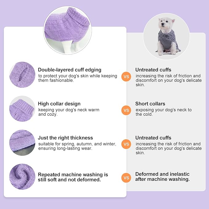 BEAUTYZOO Small Dog Sweater -Turtleneck Pullover Classic Cable Knit Fuzzy Winter Coat Dog Cold Weather Clothes for Small Medium Dogs Puppy Girl Boys,Purple S