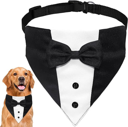 Dog Tuxedo Dog Suit Dog Wedding Bandana Collar with Bow Tie, Adjustable Dog Tux Formal Dog Costumes, Engagement Birthday Tuxedo for Small Medium Large Dogs Pets (Large: Neck 15”-25”)