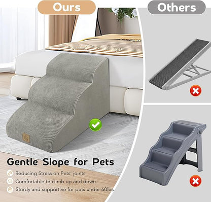 3-Tiers High Density Foam Dog Stairs for High Bed Sofa,Soft Foam Ramp Steps Stairs with Machine Washable Fabric Cover,Slope Stairs Friendly to Pets Joints-1 Lint Roller with 2 Refills,Light Gray