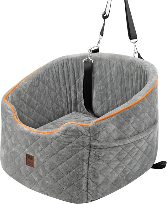 Aidou Dog Car Seat for Small Medium Dogs，Memory Foam Dog Booster Seat with Adjustable Seatbelt,Pet Travel Seat Easy to Assemble Washable,Dog Bed with 2 Rope and Storage Pocket (Grey, Medium)