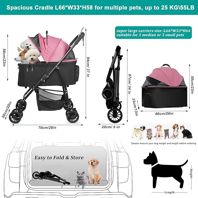 MILA&LOUIS Foldable Dog Stroller 4 Wheels 3 in 1 Folding 30lbs