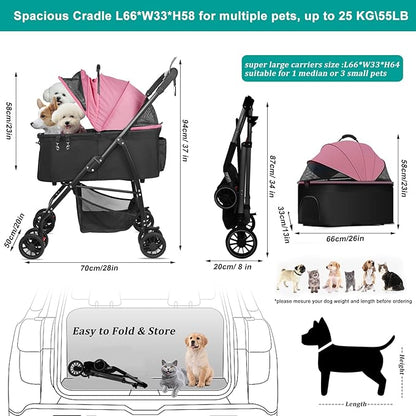 MILA&LOUIS Foldable Dog Stroller 4 Wheels 3 in 1 Folding 30lbs
