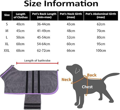 Microfibre Dog Bathrobe Dog Towel Wrap Super Absorbent Dog Drying Coat Bath Robe for Puppy, Medium & Large Dogs, Fast Drying, Adjustable, for Pet Dogs & Cats
