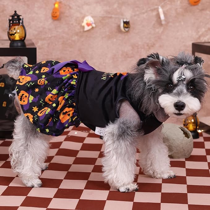 CuteBone Halloween Dog Dresses Velvet Holiday Small Dogs Clothes Onesie Pet Apparel Girl Puppy Skirt with Bow Hair Rope CVA41S-D