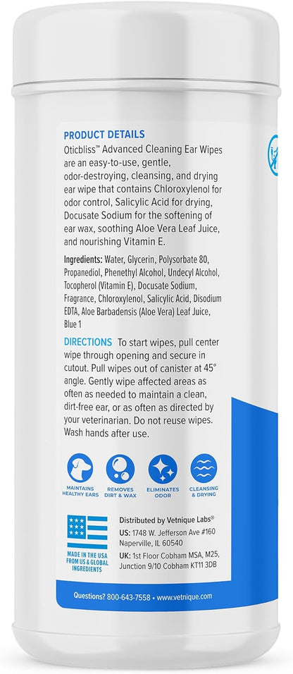 VETNIQUE Oticbliss Advanced Cleaning Ear Wipes for Dogs for Odor Control