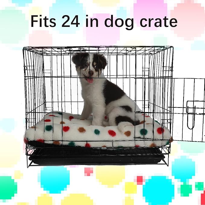 24 Inch Dog Crate Pad - Comfortable and Cozy 18x24 Dog Bed for Crate, Washable and Non-Slip Dog Beds for Small, White with Colorful Dots