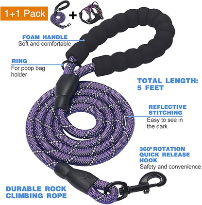 tobeDRI No Pull Dog Harness Adjustable Reflective Oxford Easy Control Medium Large Dog Harness with A Free Heavy Duty 5ft Dog Leash (XL (Neck: 21.5"-33", Chest: 30"-39.5"), Purple Harness+Leash)