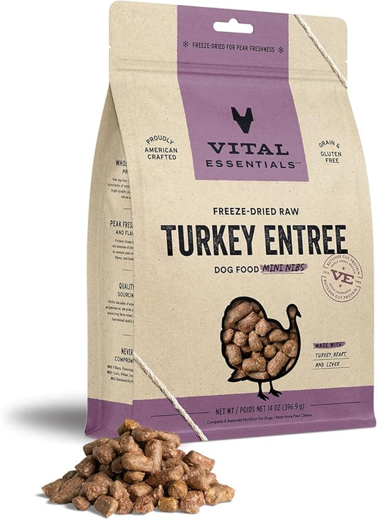 Vital Essentials Freeze Dried Raw Dog Food, Turkey Mini Nibs Entree, 14 oz