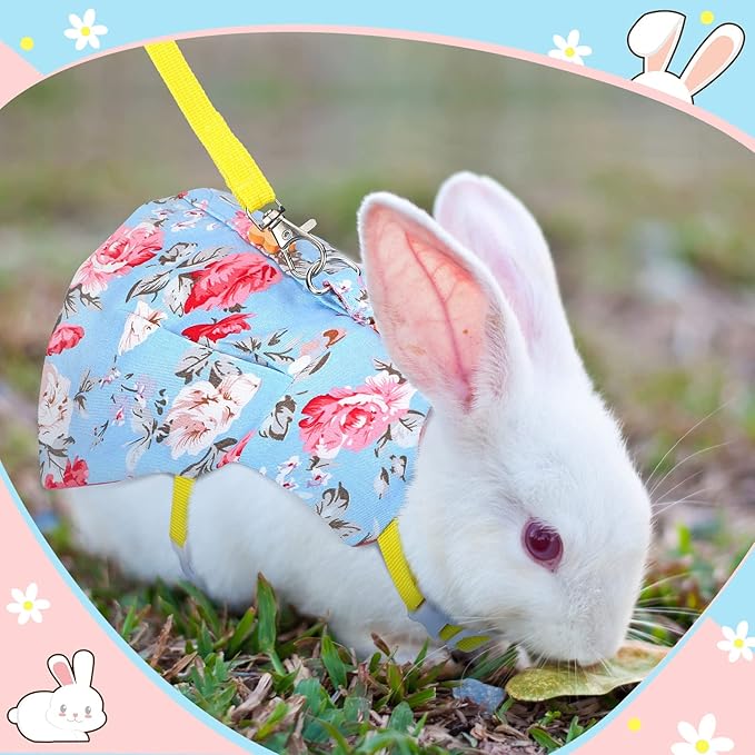 3 Piece Cute Rabbit Leash and Harness Set, Bunny Rabbit Dress Clothes Walking Harness Vest Escape Proof Pet Supply for Rabbit Hedgehog Ferret Guinea Pig (Pink Flower, Blue Flower, Daisy)