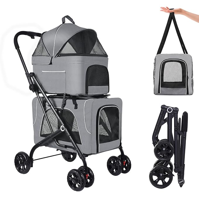 Double Pet Stroller with 2 Detachable Carrier Bags