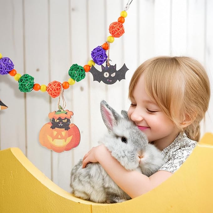 Abizoo Halloween Guinea Pig Toys,Bunny Toys Hanging,Natural Wood for Rabbits Teeth Grinding Chinchilla Dwarf Hamster Rat Gerbi Toys Rabbit Chew Toys Treats Small Animals Enrichment Boredom for Cage