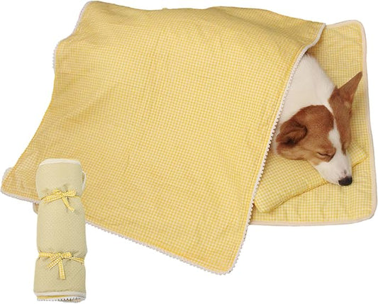 Dog Bed with Blanket Cat Pillow Cozy Puppy Sleeping Bed Washable Pet Supplies for Medium Puppy Kitten, Yellow