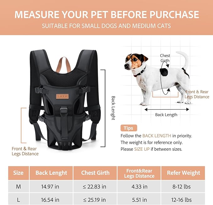 Lekereise Pet Carrier Backpack, Adjustable Dog Backpack Carrier for Small Dogs Cats Puppies, Easy-Fit Front Cat Dog Carrier Backpack, Medium, Black