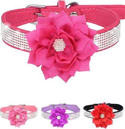 Rhinestone Dog Collar for Small Medium Dogs Red Medium Dog Collar for Girl Female Dogs Flower Puppy Collar for Summer Spring Wedding Puppy Necklace Girl Dog Collar (Rose Red
