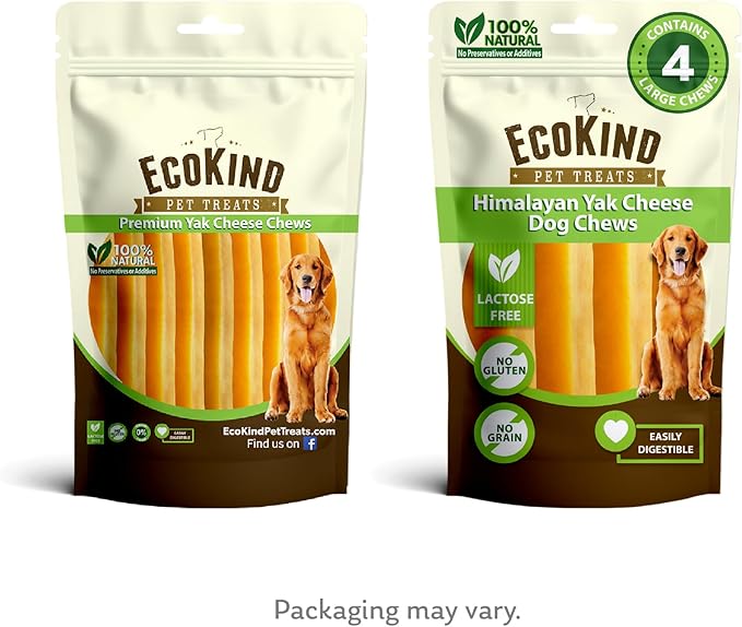 EcoKind Premium Gold Yak Cheese Himalayan Dog Chews, Dog Treats Large Breed, All Natural, High Protein, for Aggressive Chewers, Large - 4 Chews (1 lb)