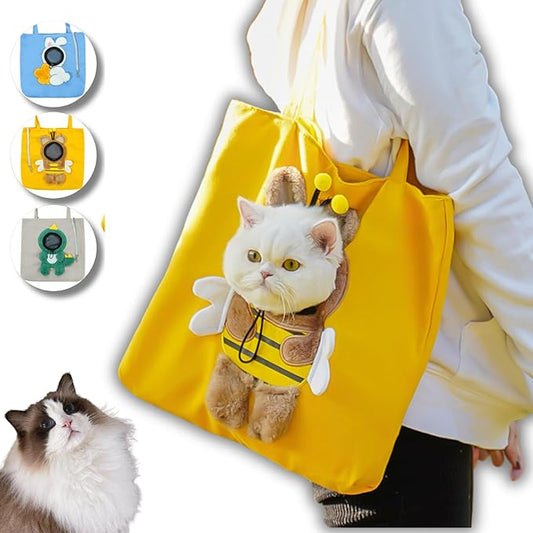 Cat Out Bag, Cute Cozy Cartoon Hands Free Show Head Cat Sling Carrier, Cat Restrainer Shoulder Bag for Outdoor Travel (Bee, Large)