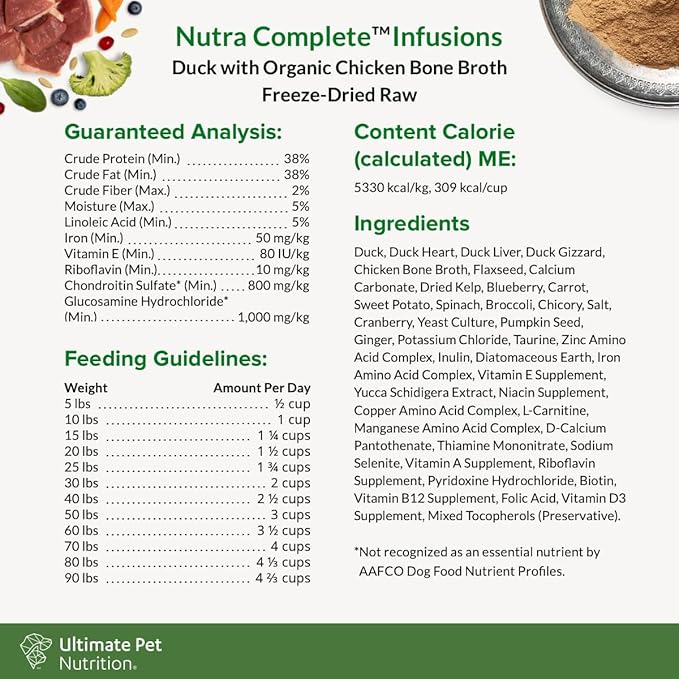 ULTIMATE PET NUTRITION Nutra Complete Bone Broth Infusions, 100% Freeze Dried Veterinarian Formulated Raw Dog Food with Antioxidants Prebiotics and Amino Acids, (3 Pound, Bone Broth Duck)